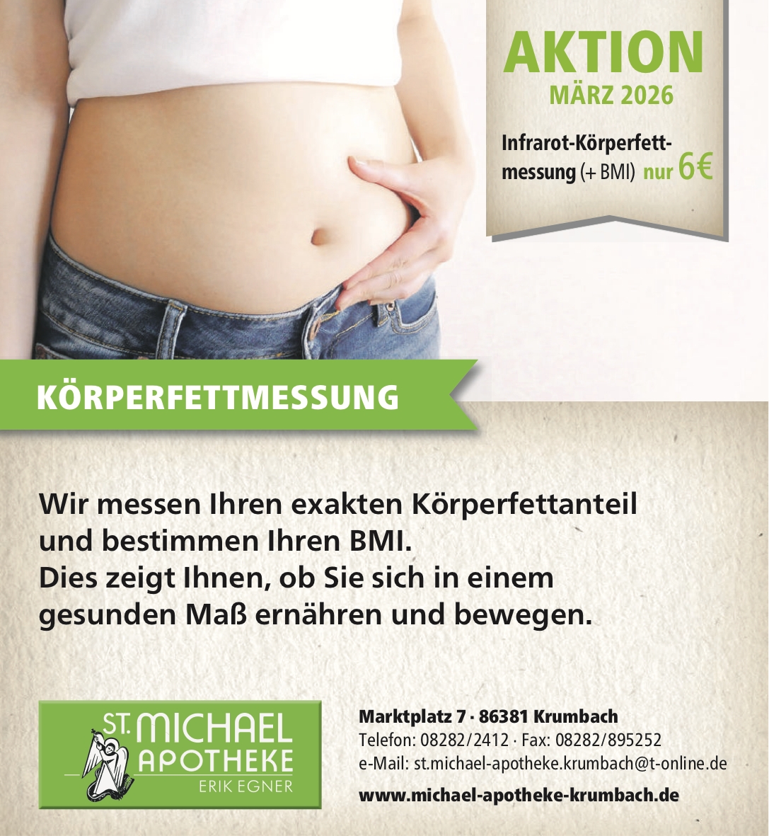 Körperfettmessung Körperfettmessung Aktion im März zu 6 EUR je Messung in der St. Michael Apotheke in Krumbach